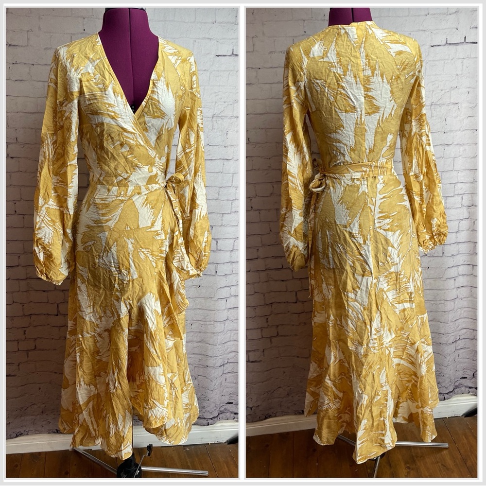 H&M size XS golden yellow and cream long sleeve wrap dress